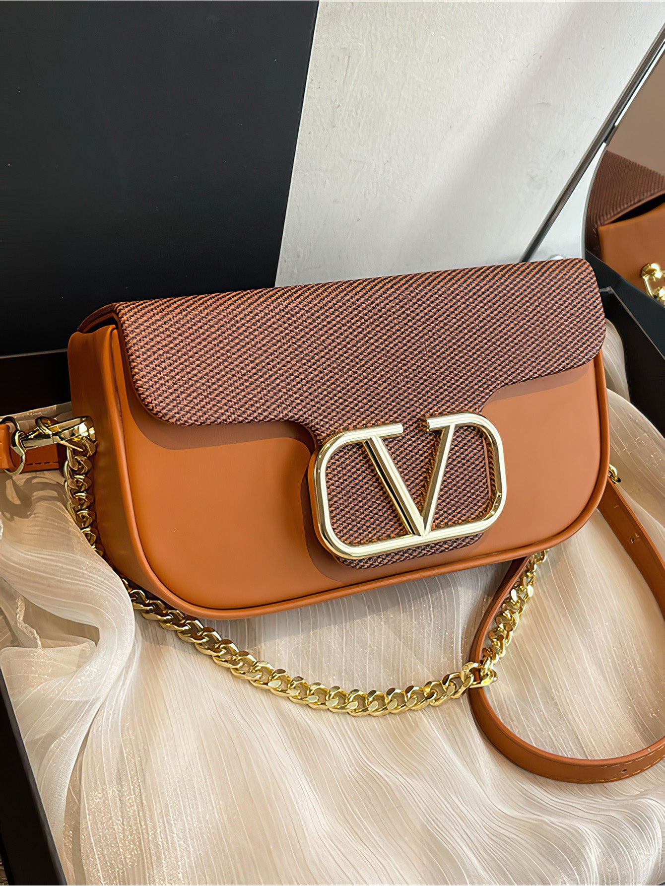 Chic Chain-Accent Color-Block Mini Bag - 7 Colours
