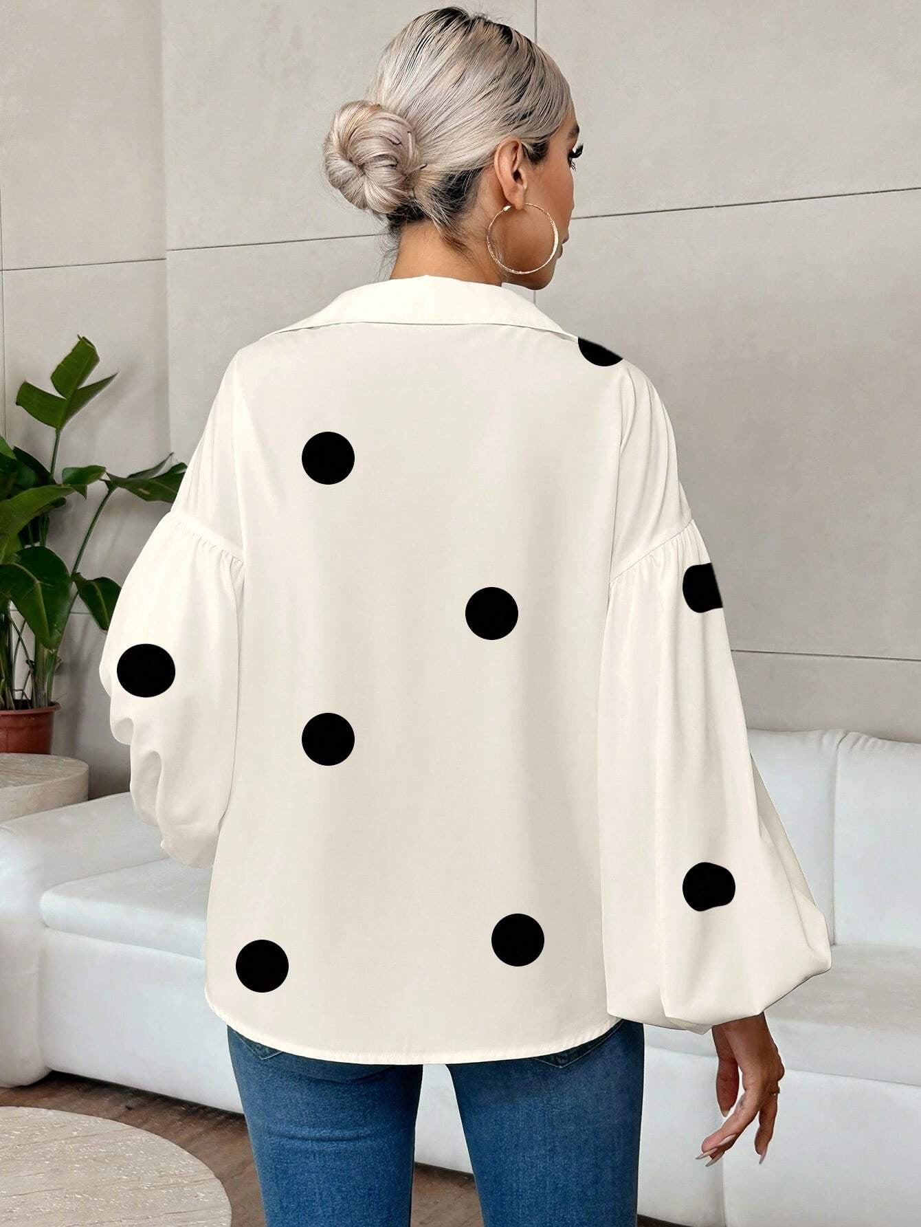 **Polka Dot Half-Open Collar Loose Puff Long-Sleeve Top**