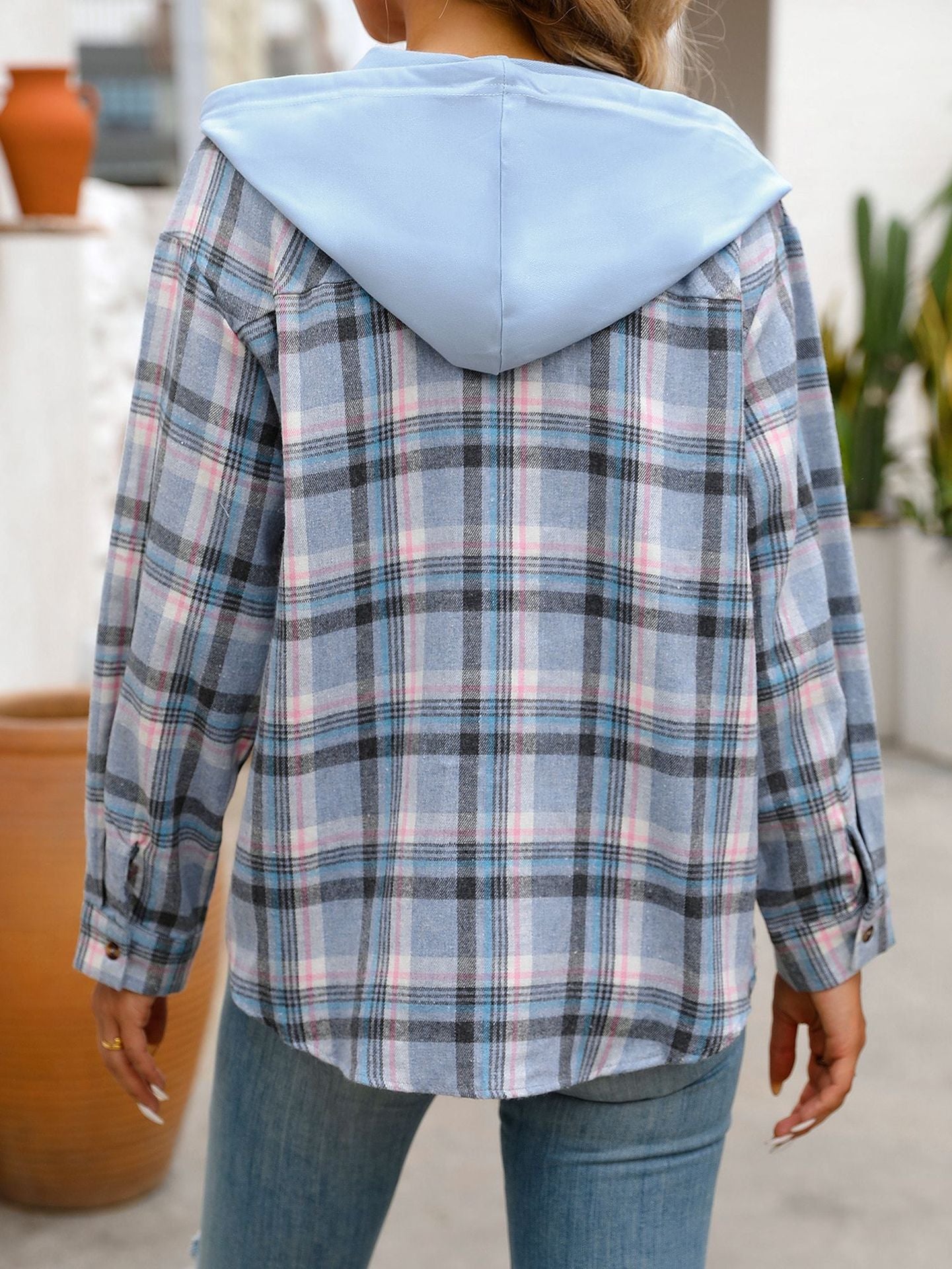Women's Hooded Color-Blocked Plaid Jacket