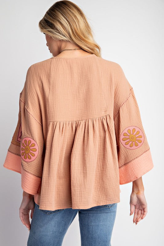 V-Neck Patchwork Bell Sleeve T-Shirt