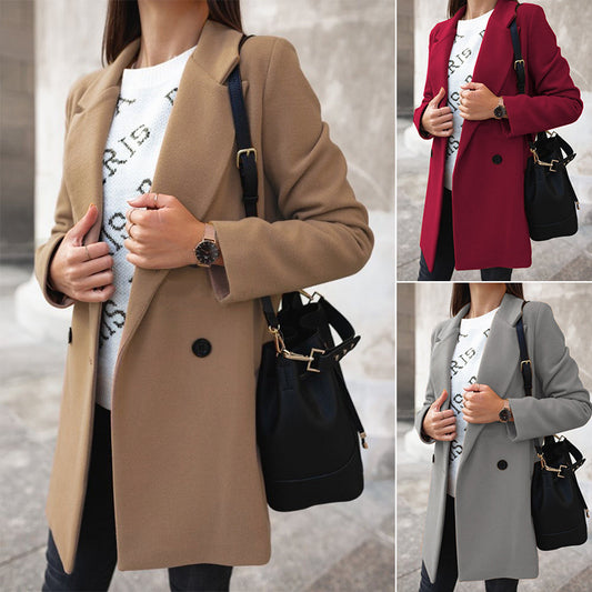 Solid Color Double-Breasted Wool Coat for Women