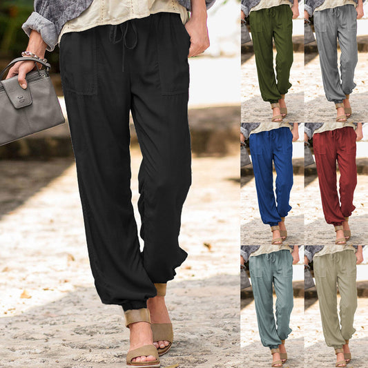 Solid Color Elastic Jogger Casual Trousers for Women