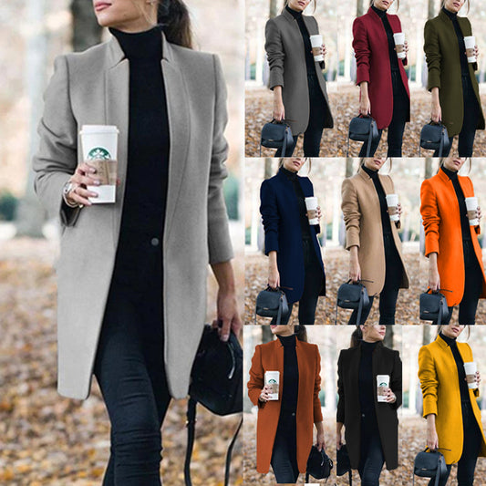 Stylish Solid Color Stand Collar Wool Coat