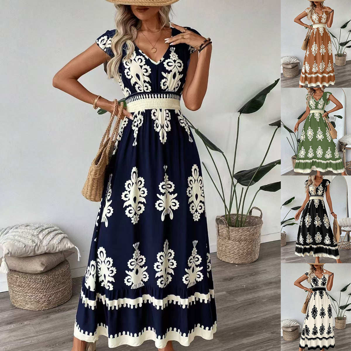 # Printed V-neck Slim-fit Long Women's Dress