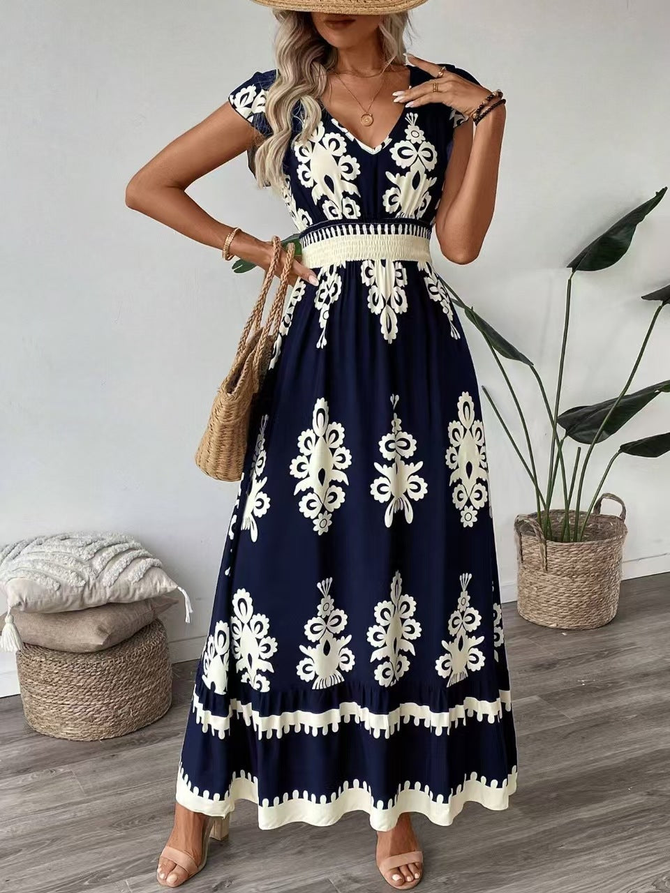# Printed V-neck Slim-fit Long Women's Dress