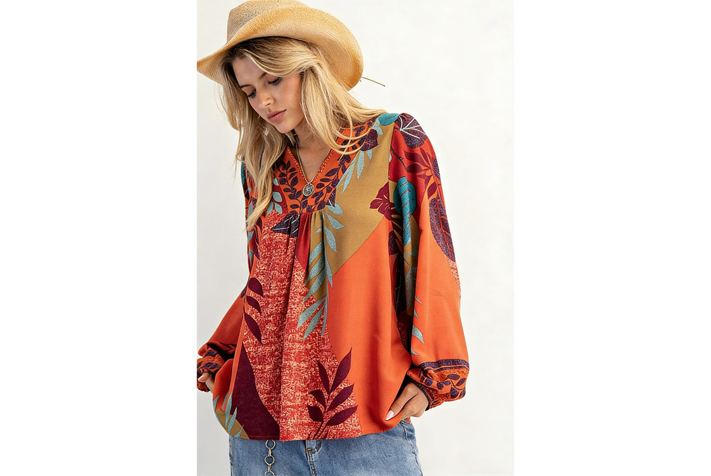 Women's Printed V-Neck Long-Sleeve Shirt
