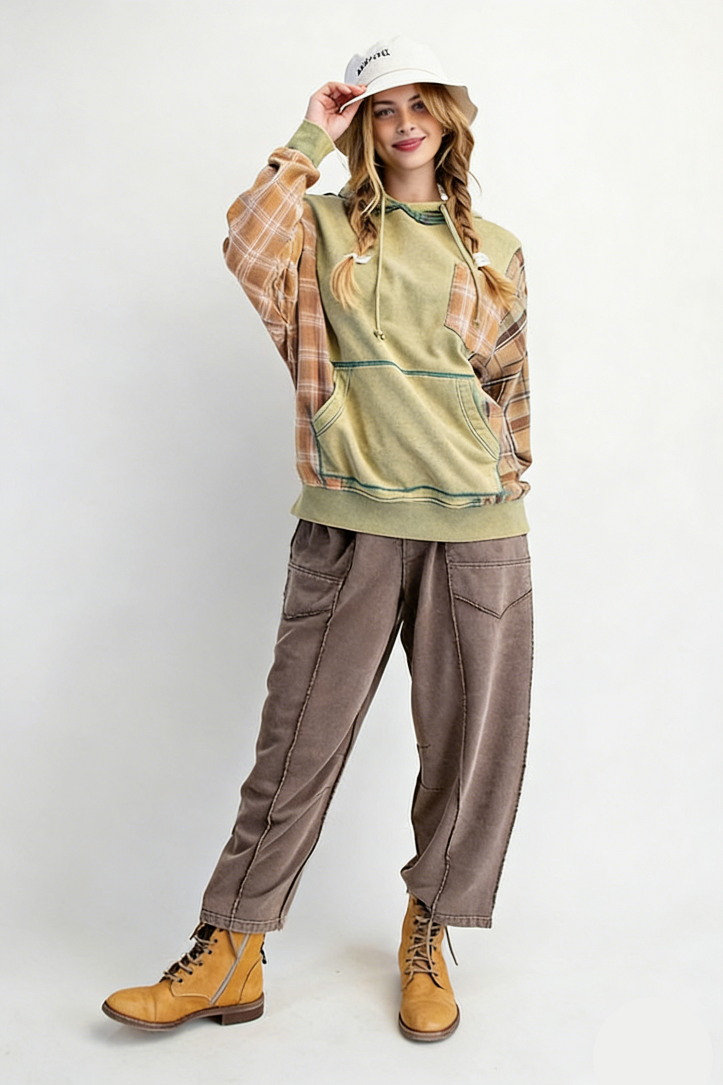 Pattern Patchwork Hooded Sweatshirt with Large Pockets