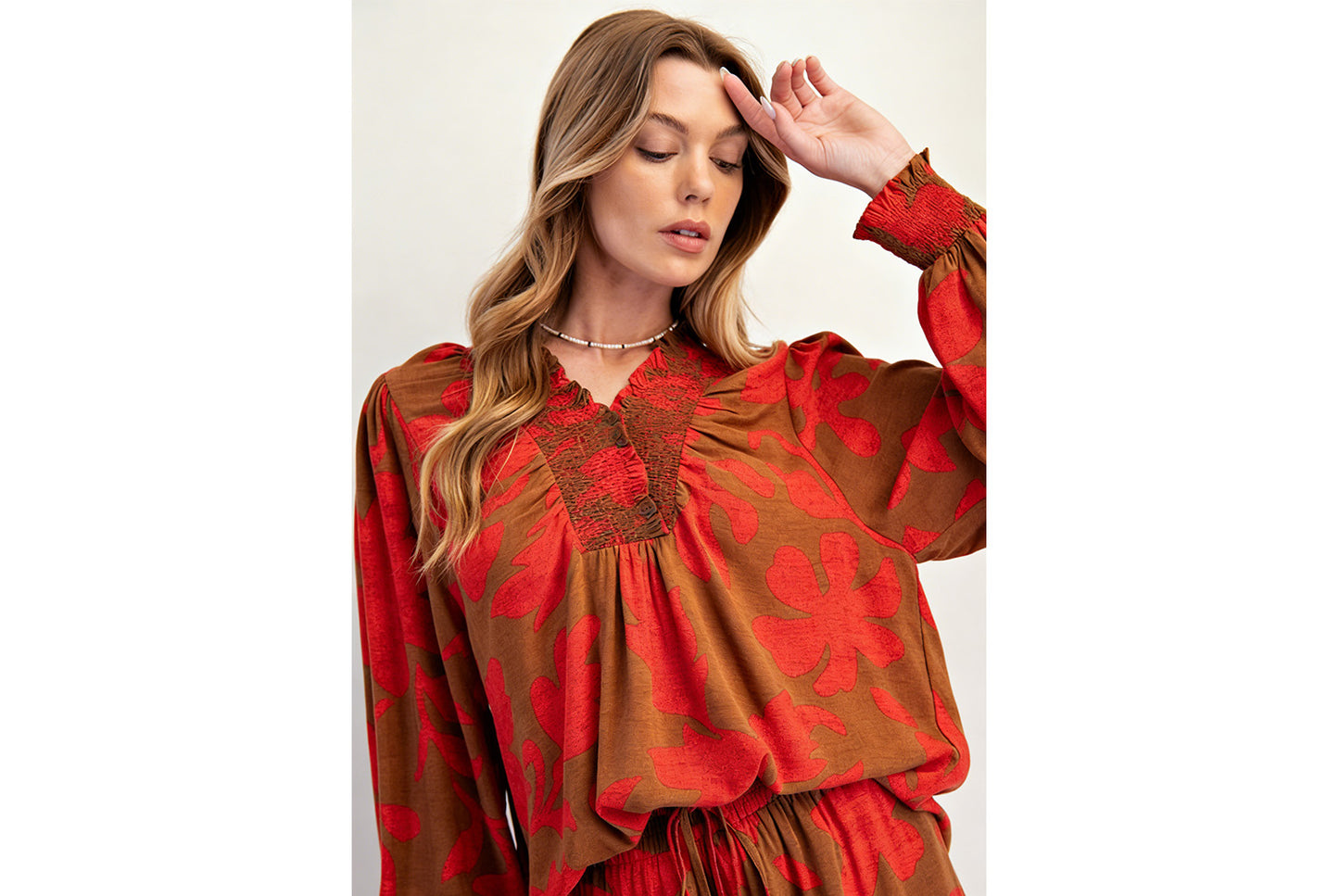 **Floral Print Long-Sleeved Two-Piece Set**