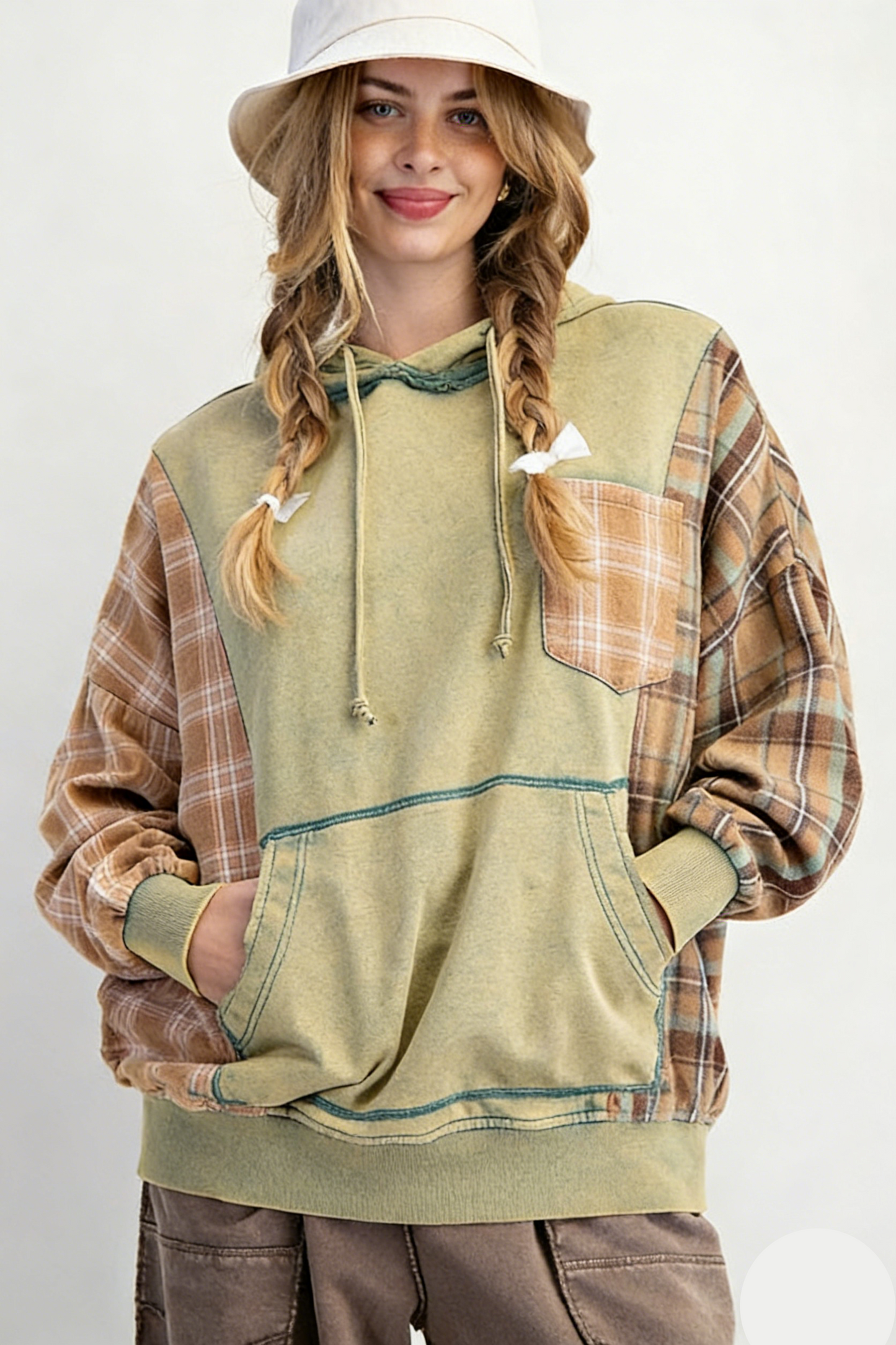 Pattern Patchwork Hooded Sweatshirt with Large Pockets