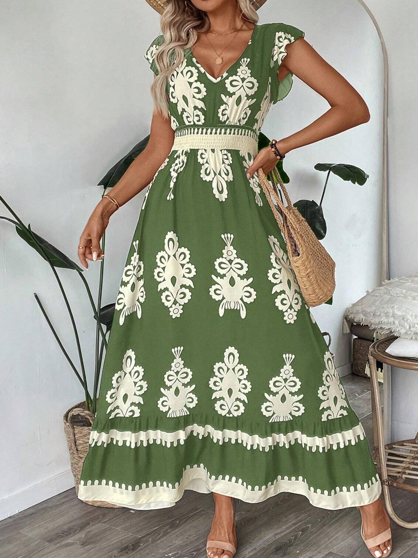 # Printed V-neck Slim-fit Long Women's Dress