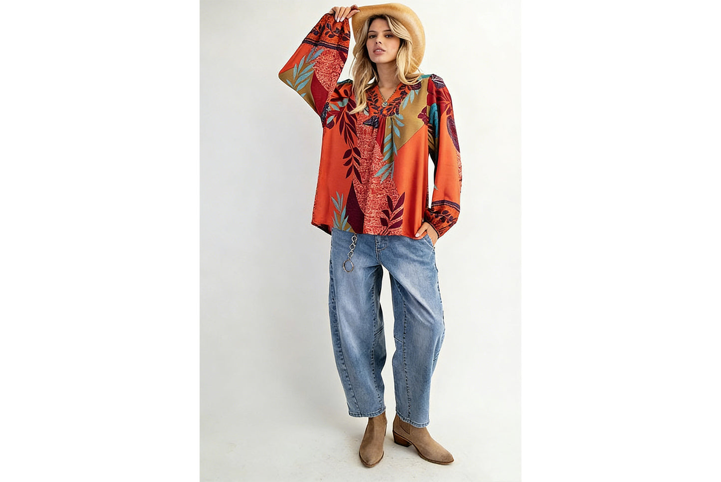 Women's Printed V-Neck Long-Sleeve Shirt