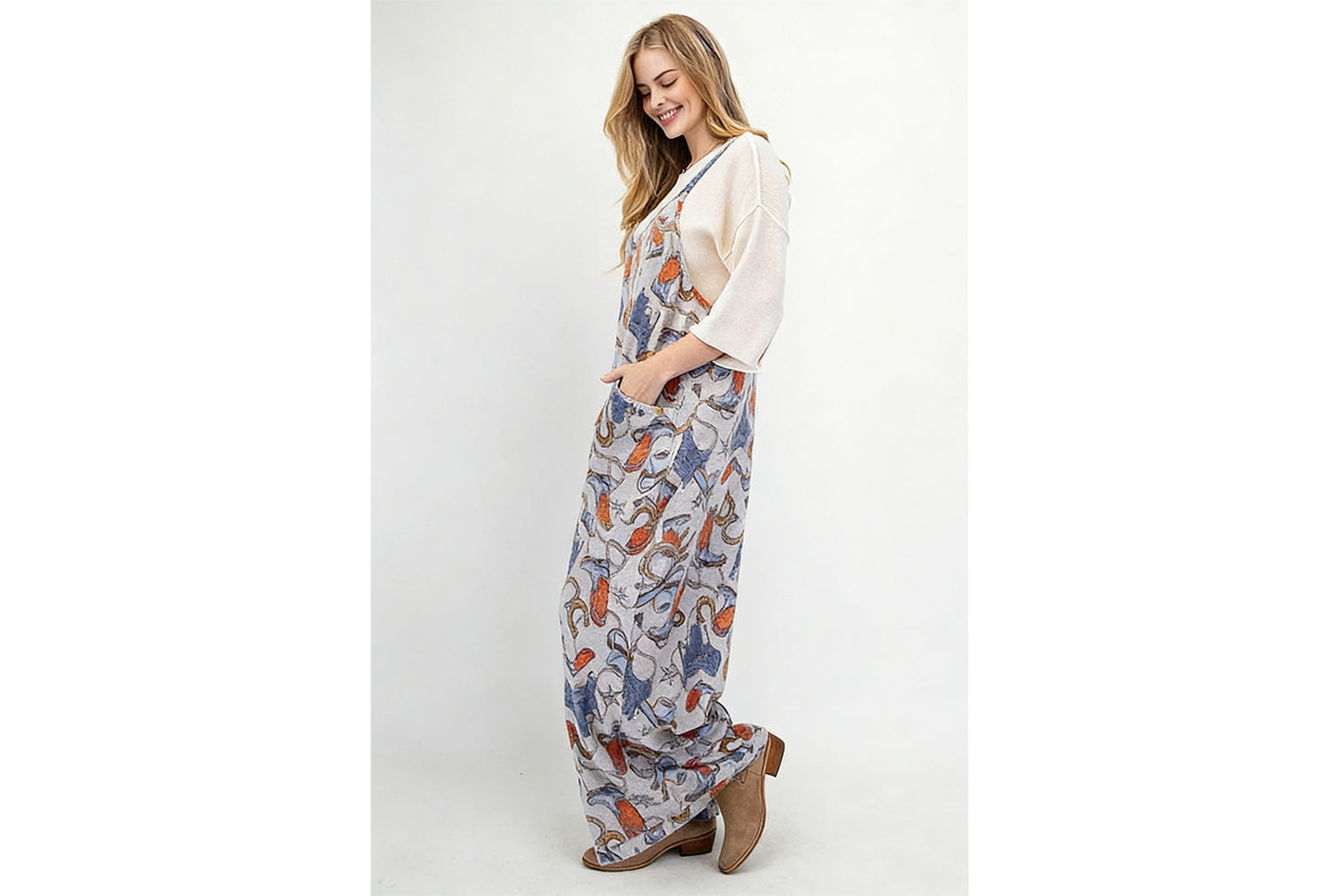 Printed Loose-fitting Straight-leg Overalls