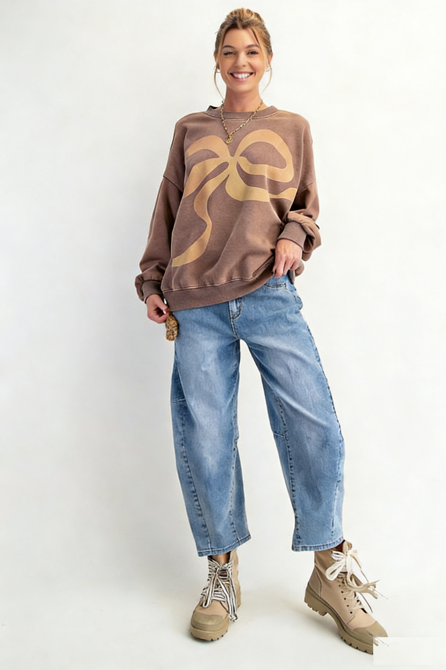 Printed Bow-Tie Crew Neck Pullover Sweatshirt