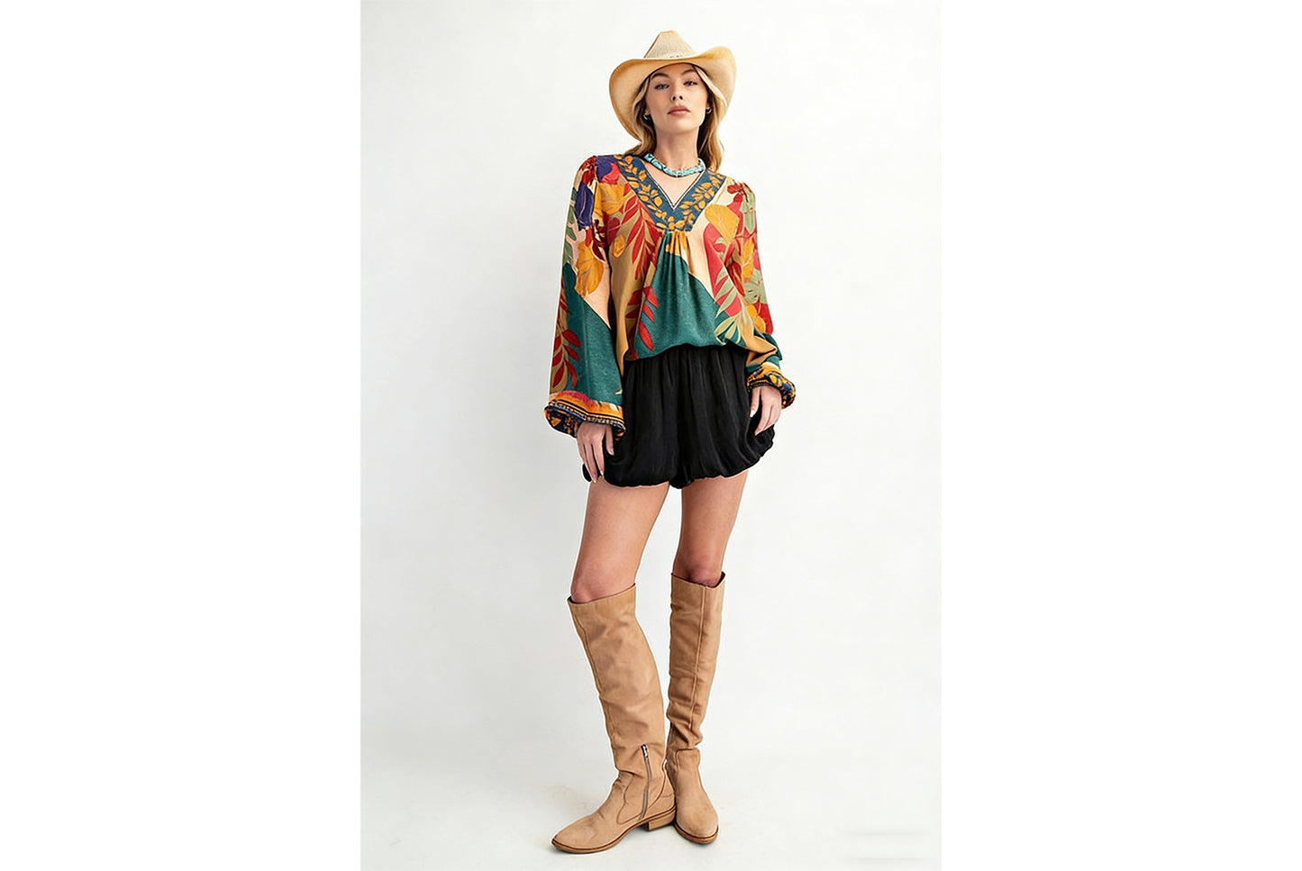 Women's Printed V-Neck Long-Sleeve Shirt