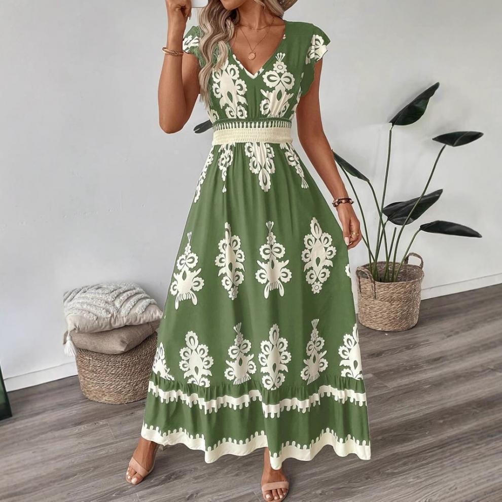# Printed V-neck Slim-fit Long Women's Dress