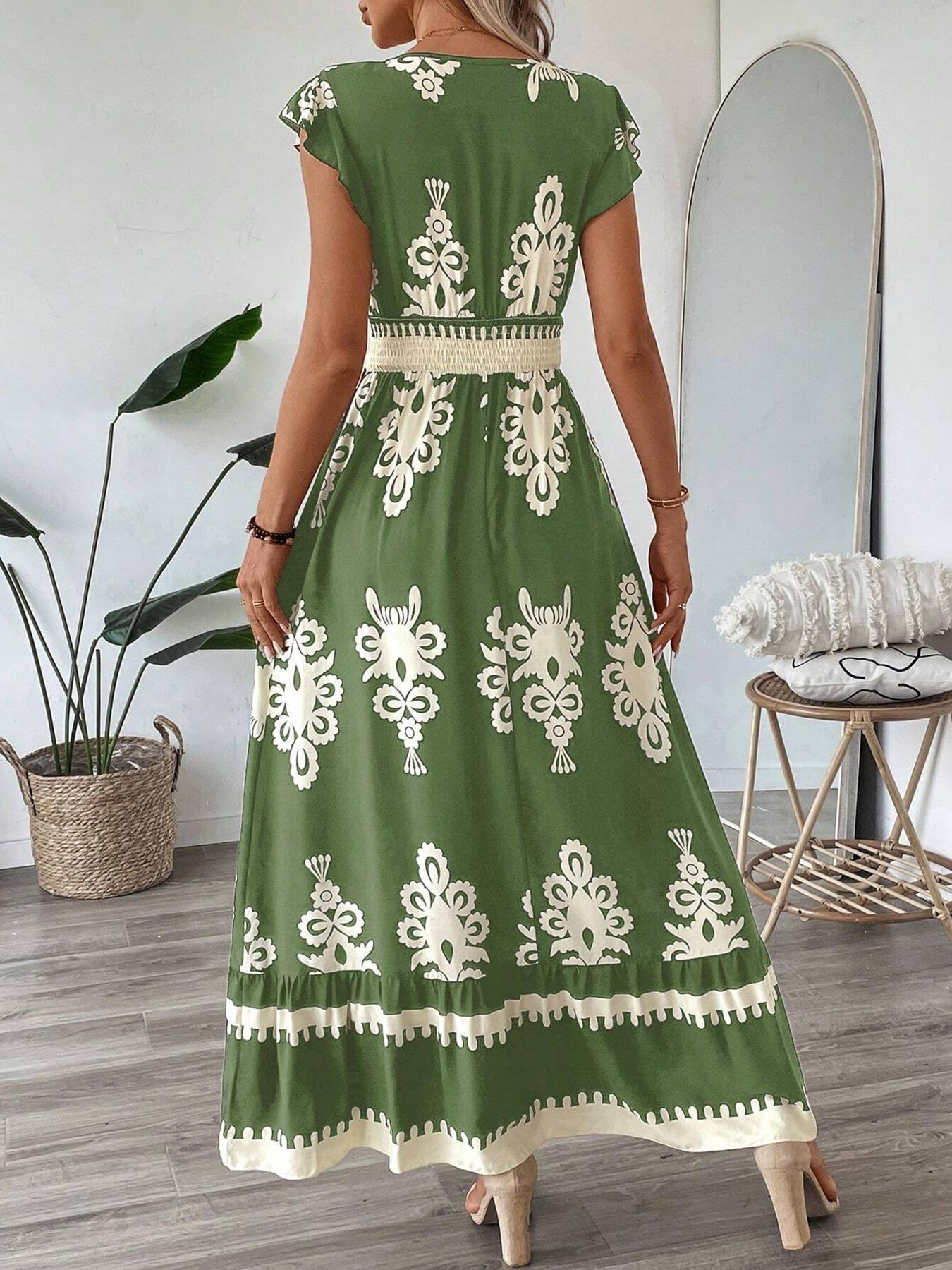 # Printed V-neck Slim-fit Long Women's Dress