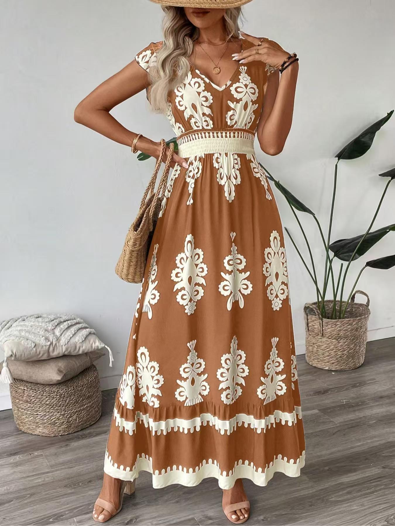 # Printed V-neck Slim-fit Long Women's Dress