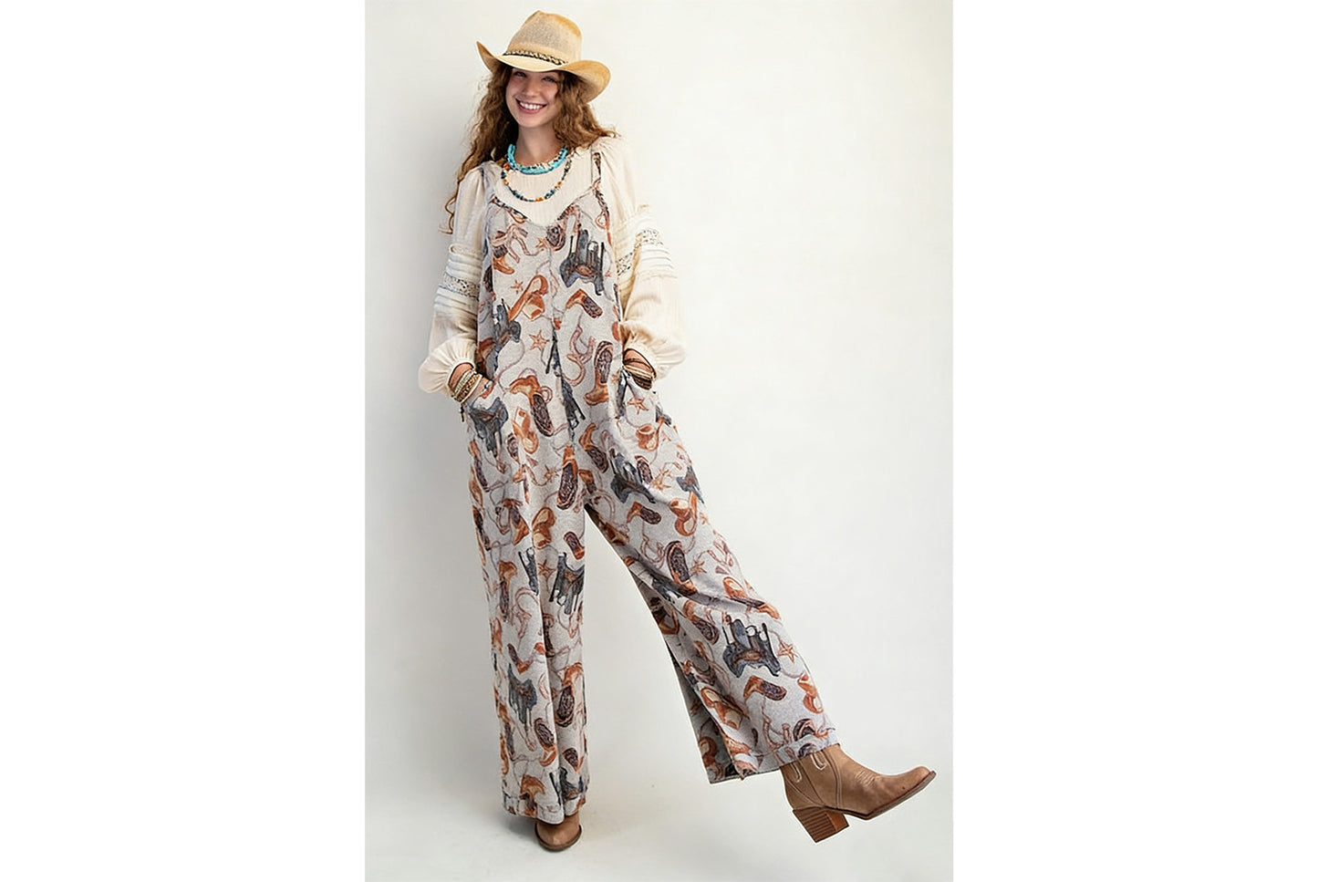 Printed Loose-fitting Straight-leg Overalls