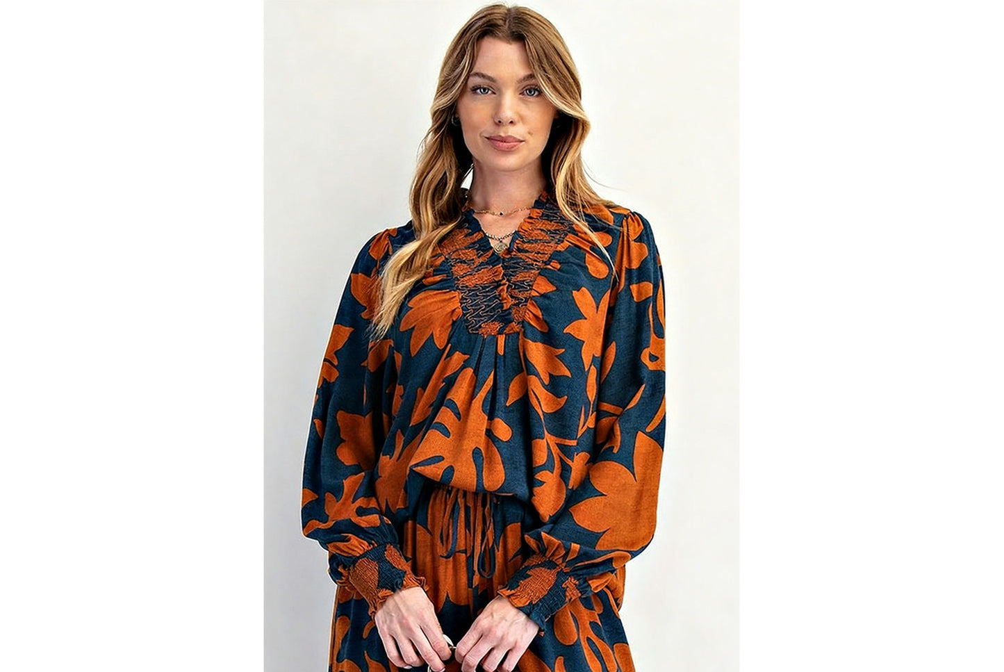 **Floral Print Long-Sleeved Two-Piece Set**