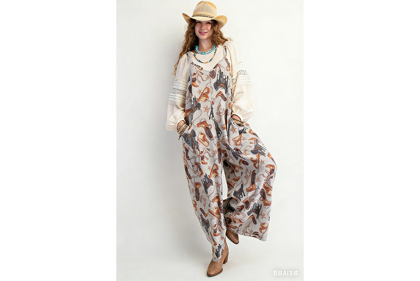 Printed Loose-fitting Straight-leg Overalls