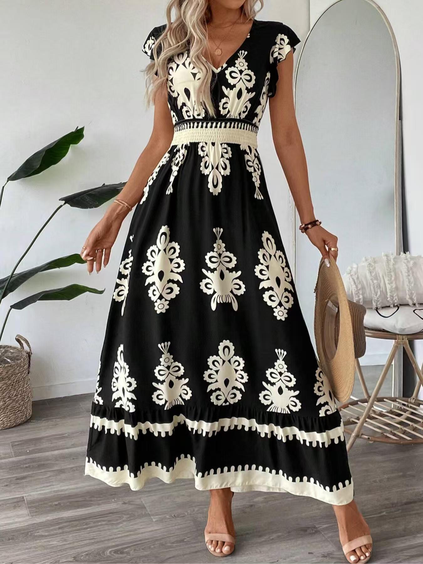 # Printed V-neck Slim-fit Long Women's Dress