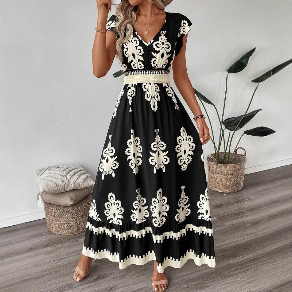 # Printed V-neck Slim-fit Long Women's Dress