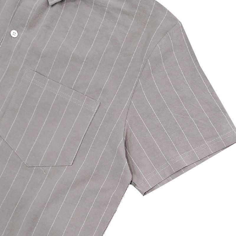 # Striped Linen Short-Sleeve Business Casual Shirt with Lapel