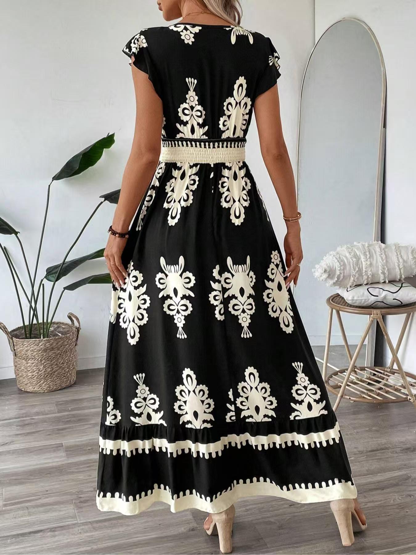 # Printed V-neck Slim-fit Long Women's Dress