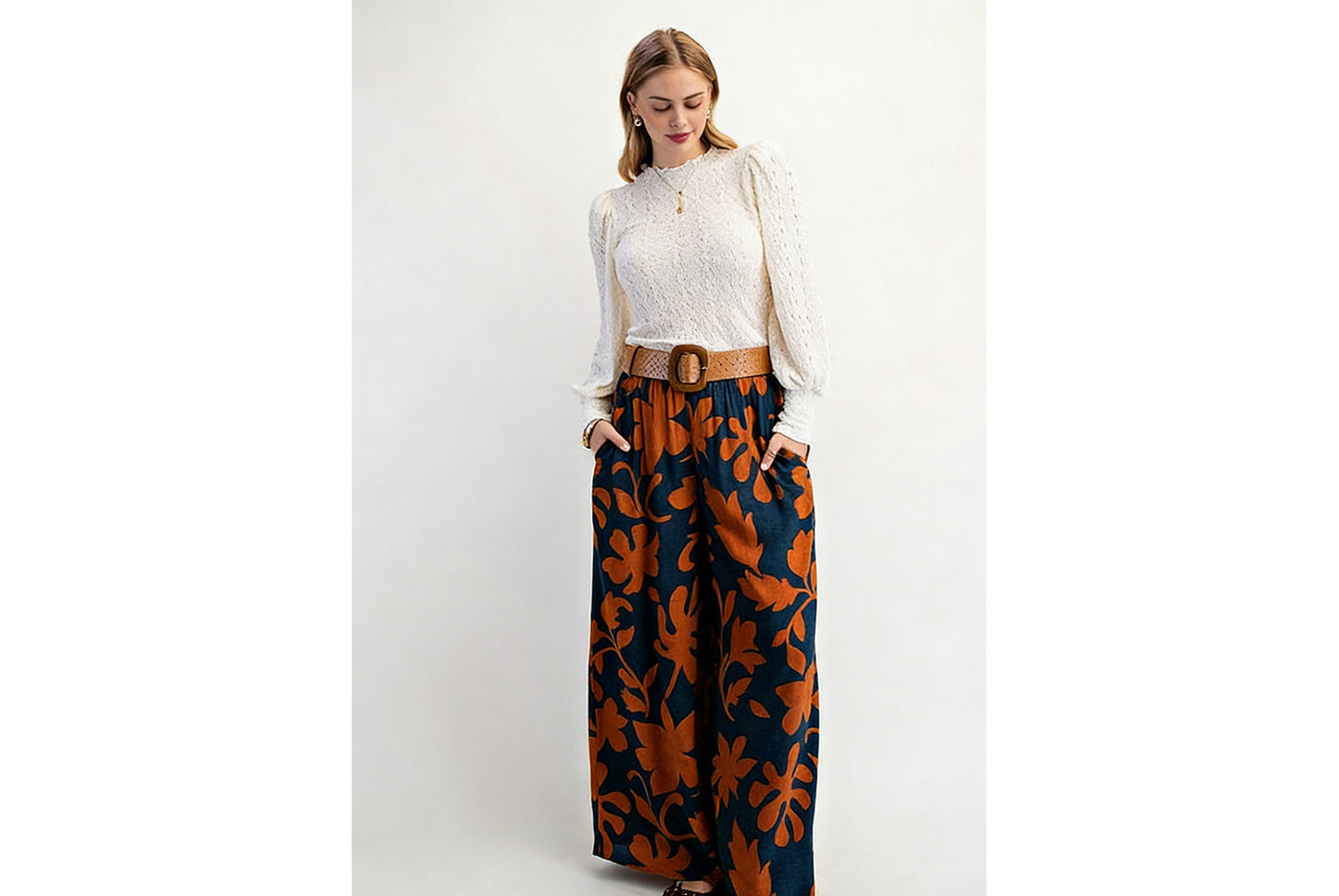 **Floral Print Long-Sleeved Two-Piece Set**