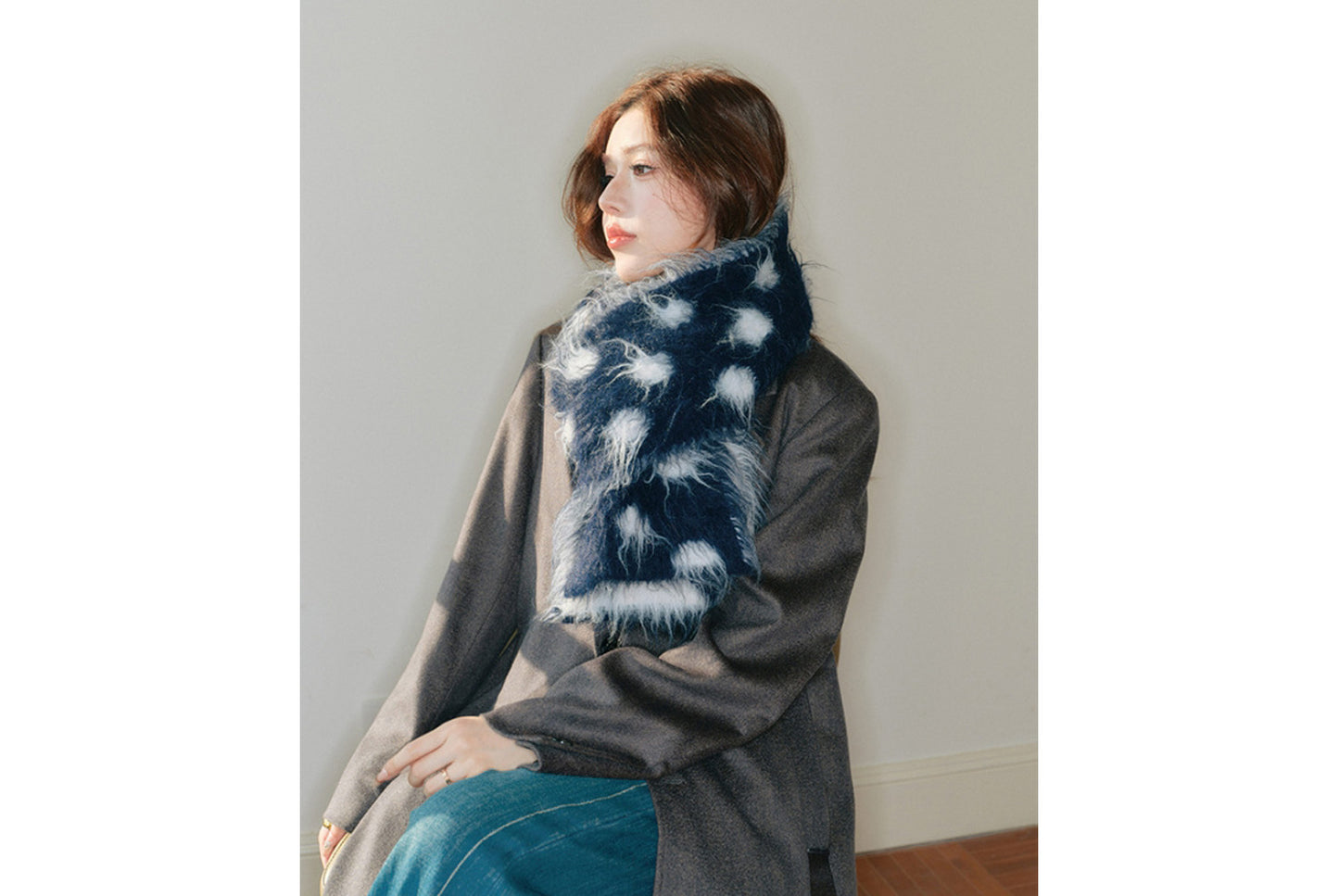 Fashionable Retro Color-Blocked Long-Pile Polka Dot Scarf
