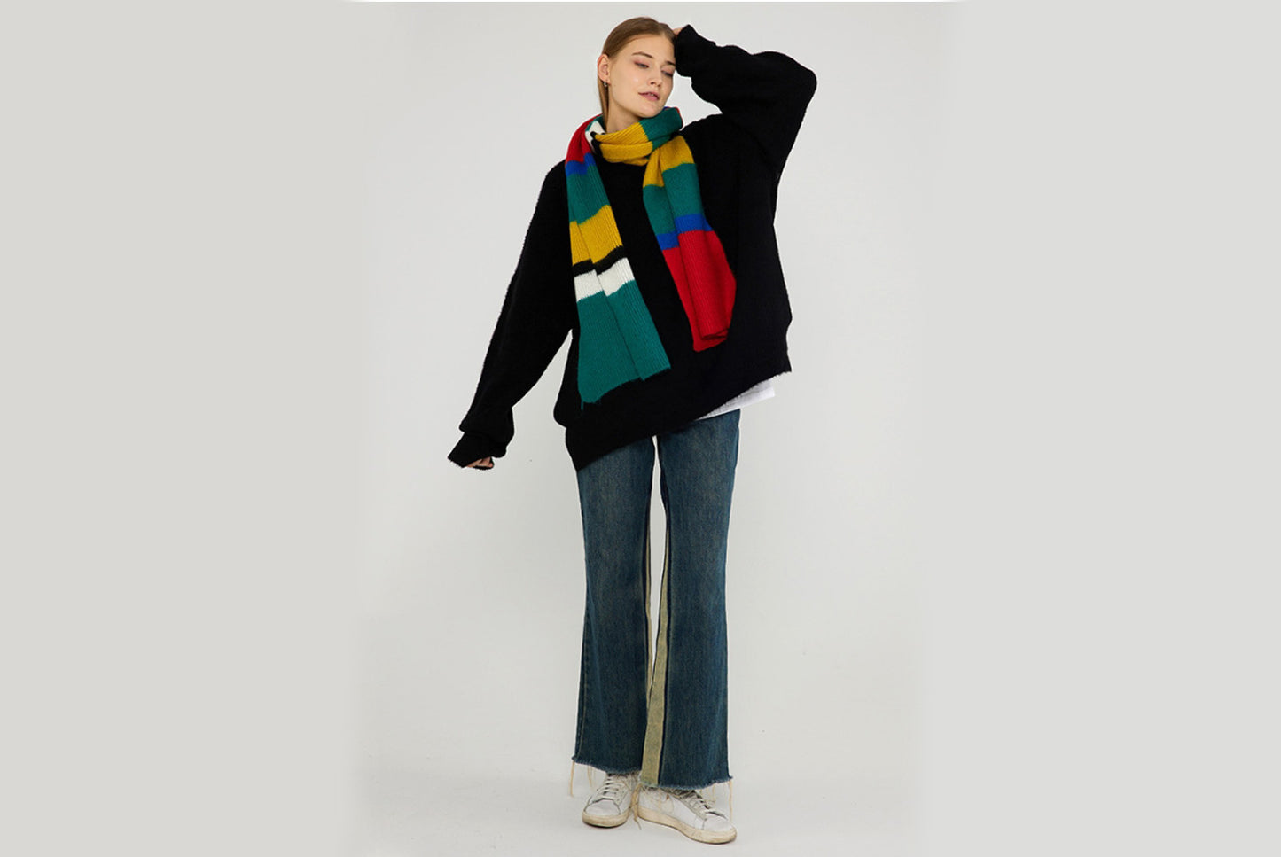 Unique Color-Blocked Striped Knit Scarf