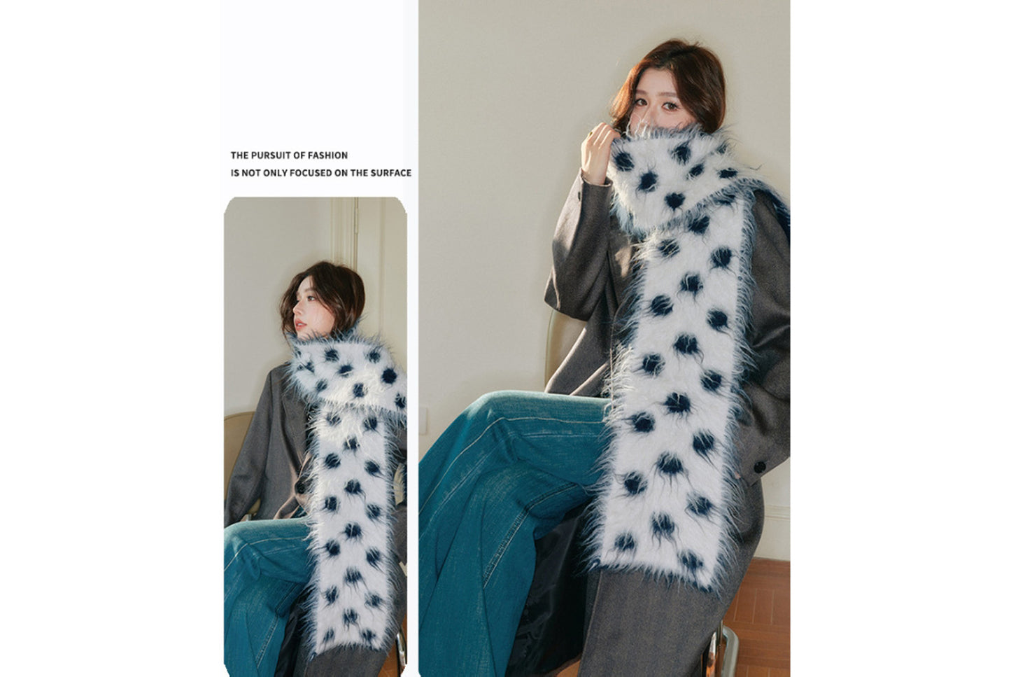 Fashionable Retro Color-Blocked Long-Pile Polka Dot Scarf