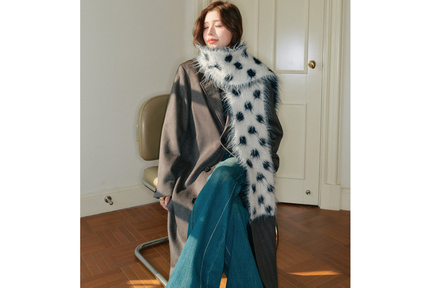 Fashionable Retro Color-Blocked Long-Pile Polka Dot Scarf