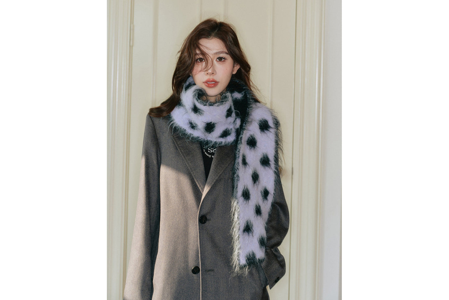 Fashionable Retro Color-Blocked Long-Pile Polka Dot Scarf