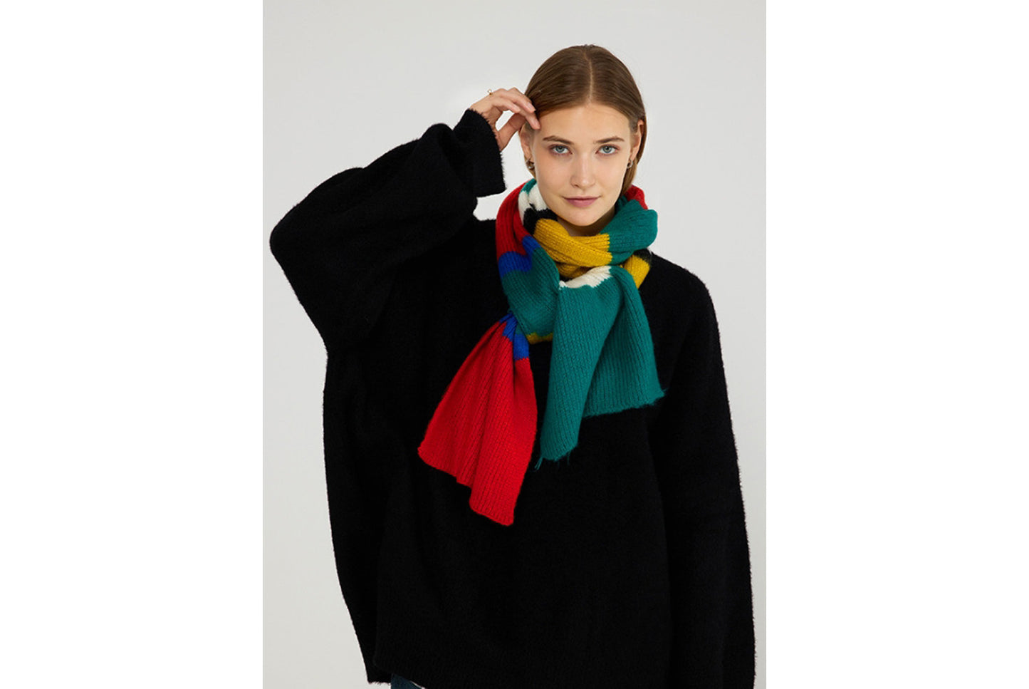 Unique Color-Blocked Striped Knit Scarf