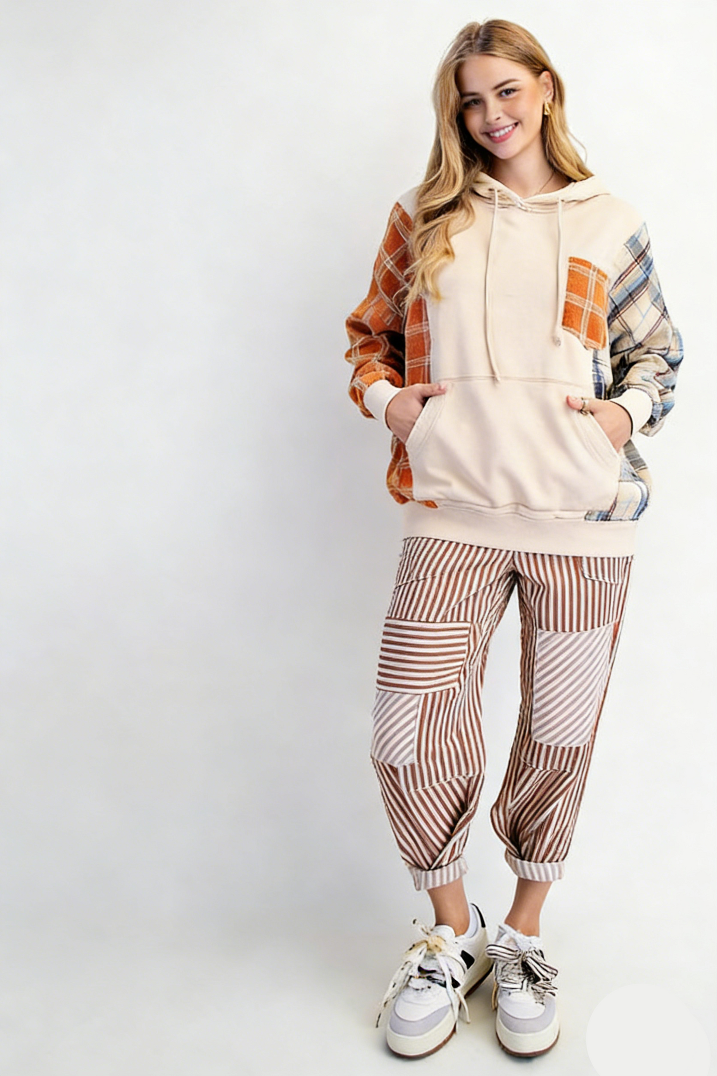 Pattern Patchwork Hooded Sweatshirt with Large Pockets