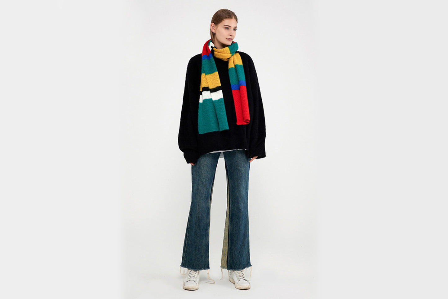 Unique Color-Blocked Striped Knit Scarf