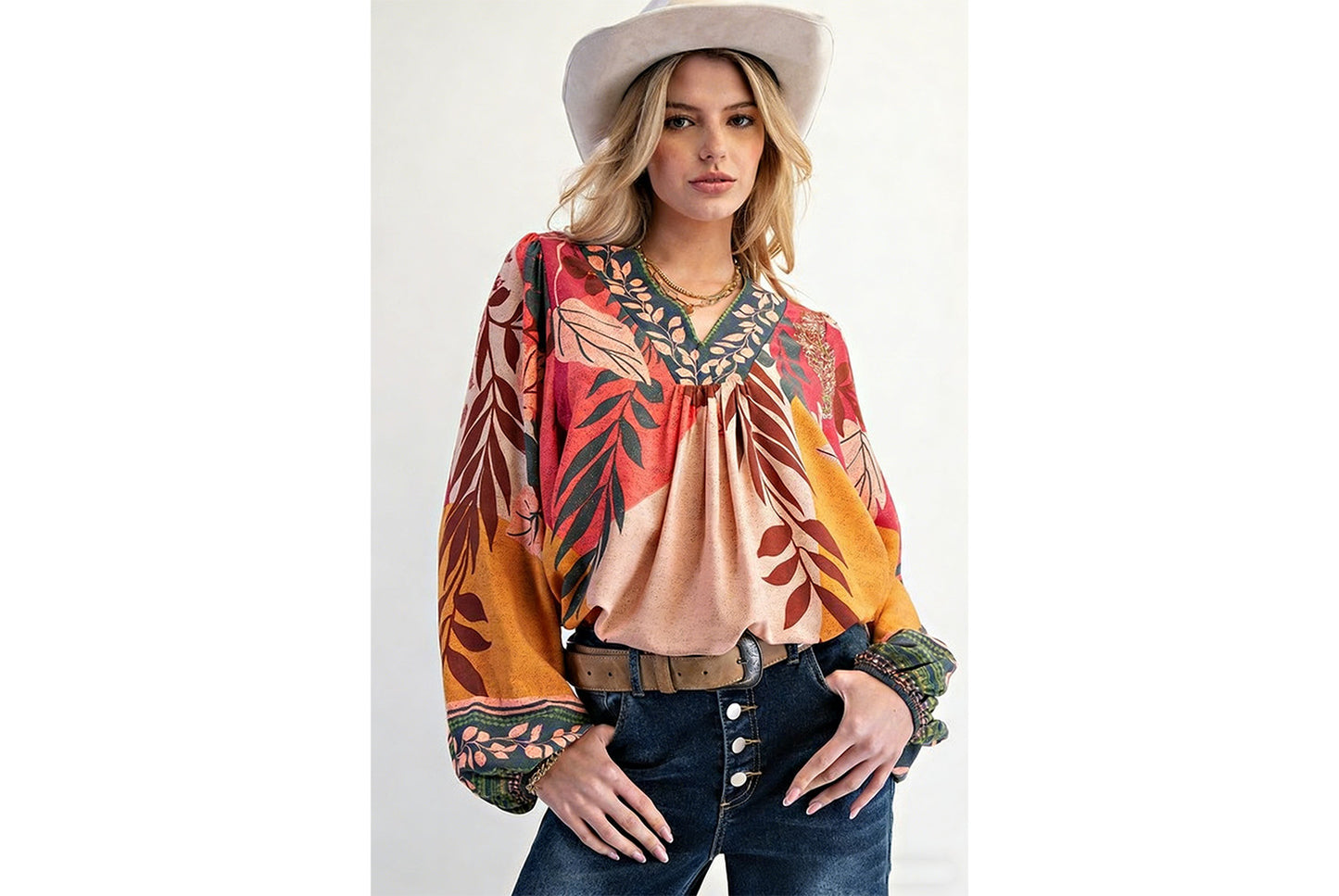 Women's Printed V-Neck Long-Sleeve Shirt