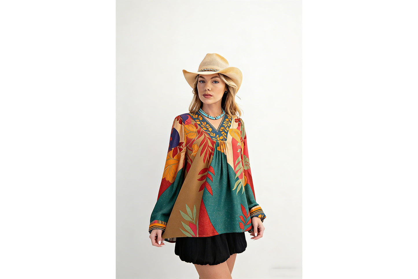 Women's Printed V-Neck Long-Sleeve Shirt