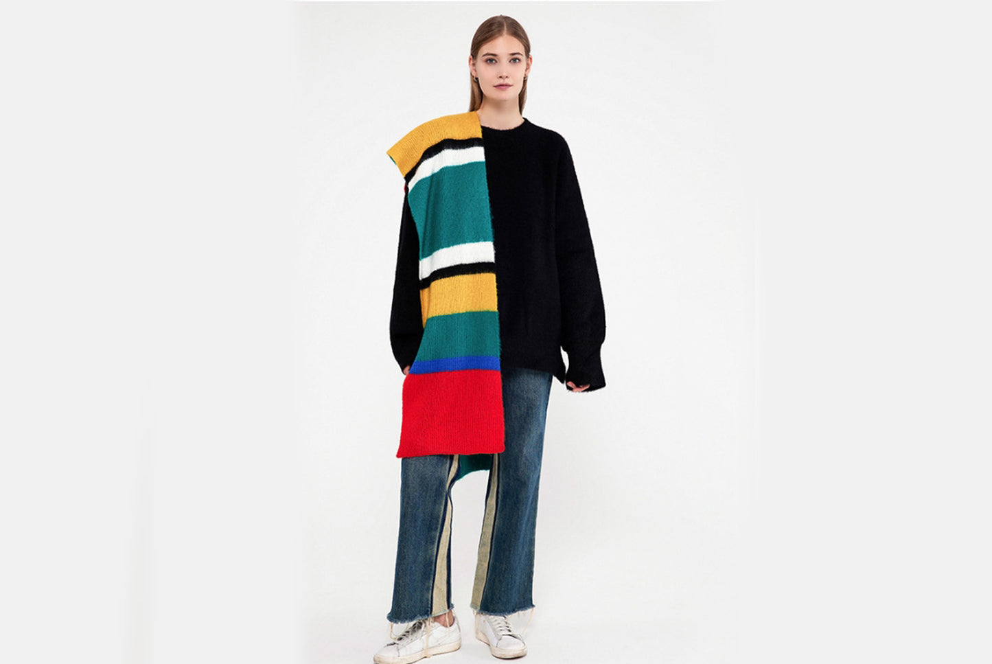 Unique Color-Blocked Striped Knit Scarf