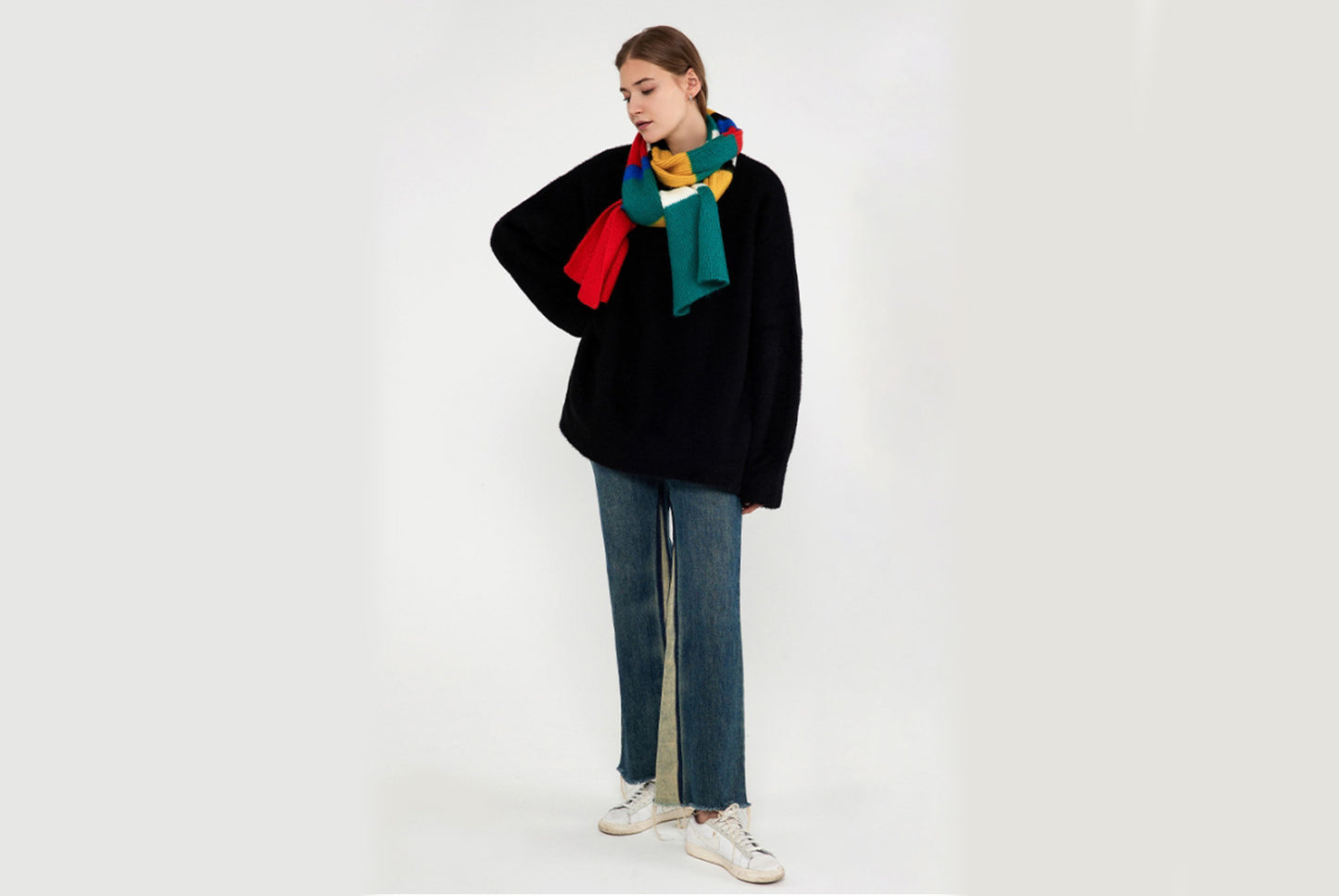 Unique Color-Blocked Striped Knit Scarf