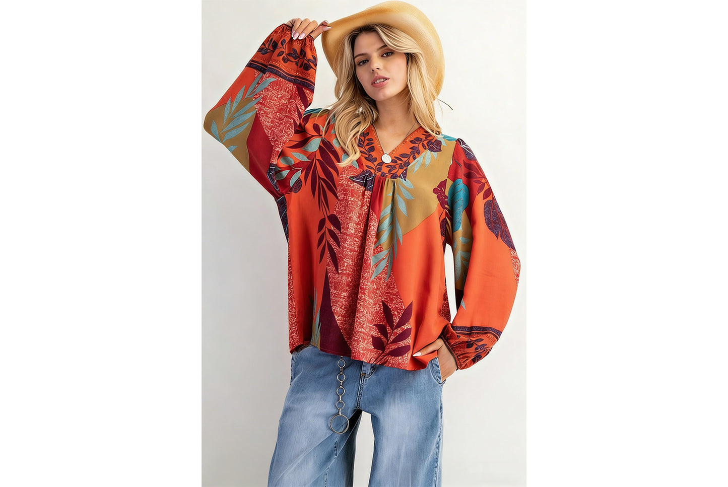 Women's Printed V-Neck Long-Sleeve Shirt