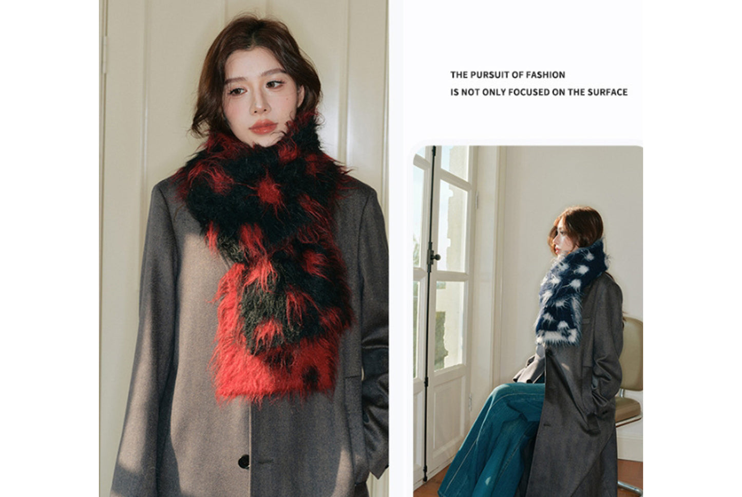 Fashionable Retro Color-Blocked Long-Pile Polka Dot Scarf
