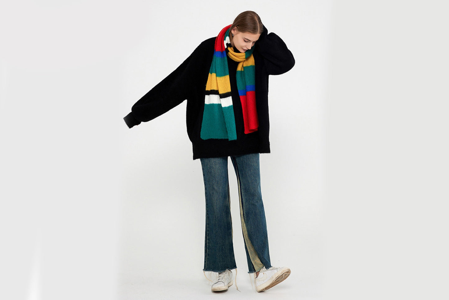 Unique Color-Blocked Striped Knit Scarf