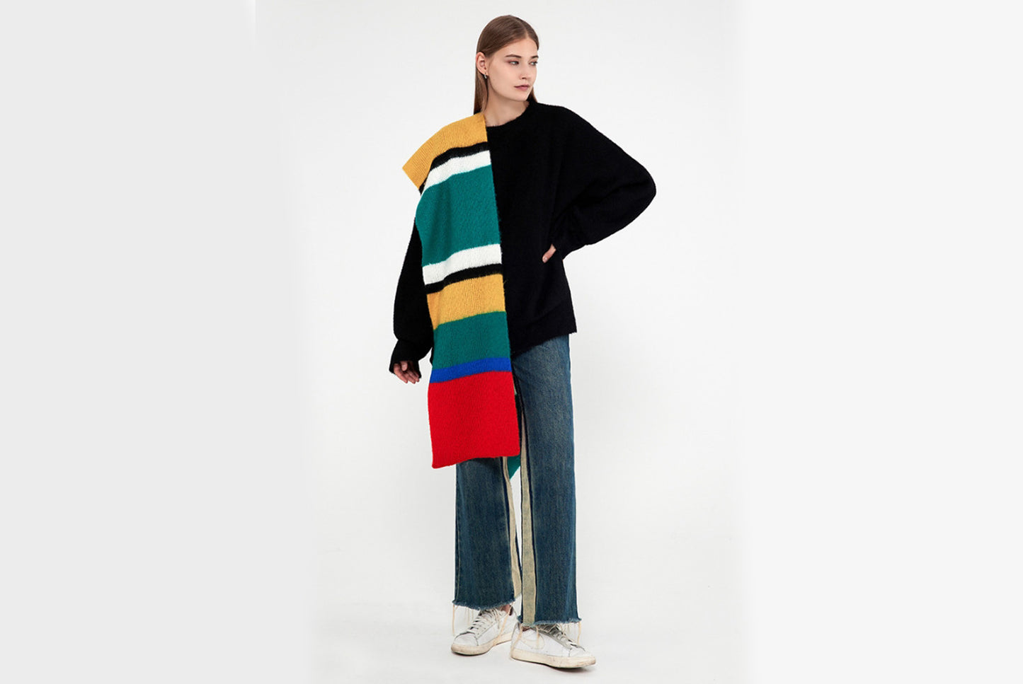 Unique Color-Blocked Striped Knit Scarf