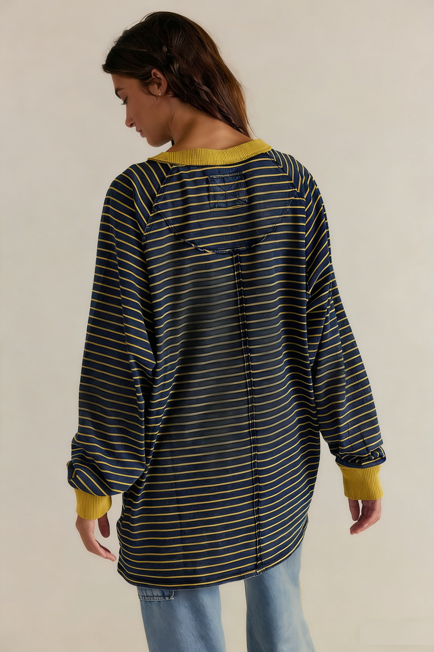 Loose-fitting Casual Striped Color-blocked Long-Sleeve T-Shirt
