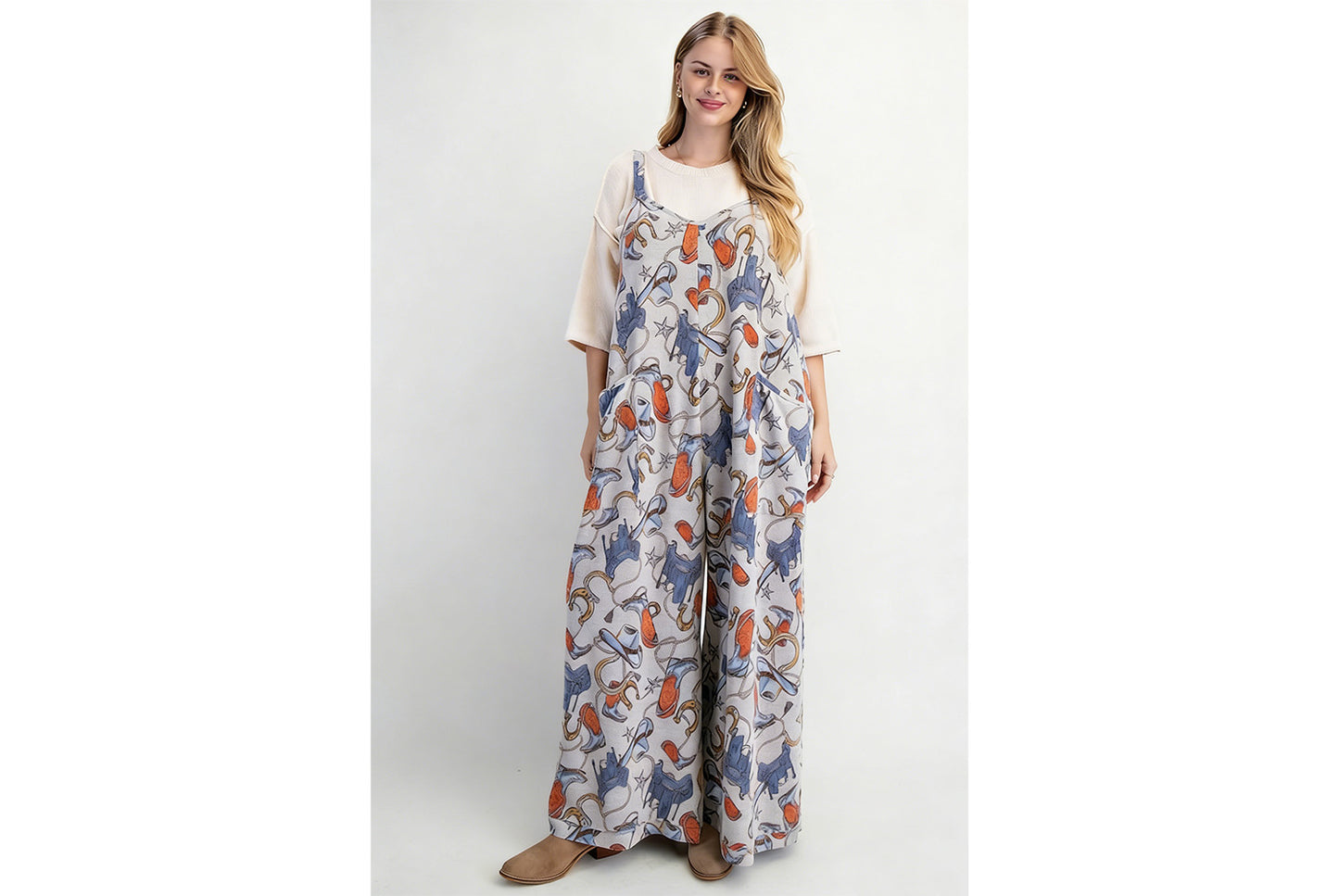 Printed Loose-fitting Straight-leg Overalls