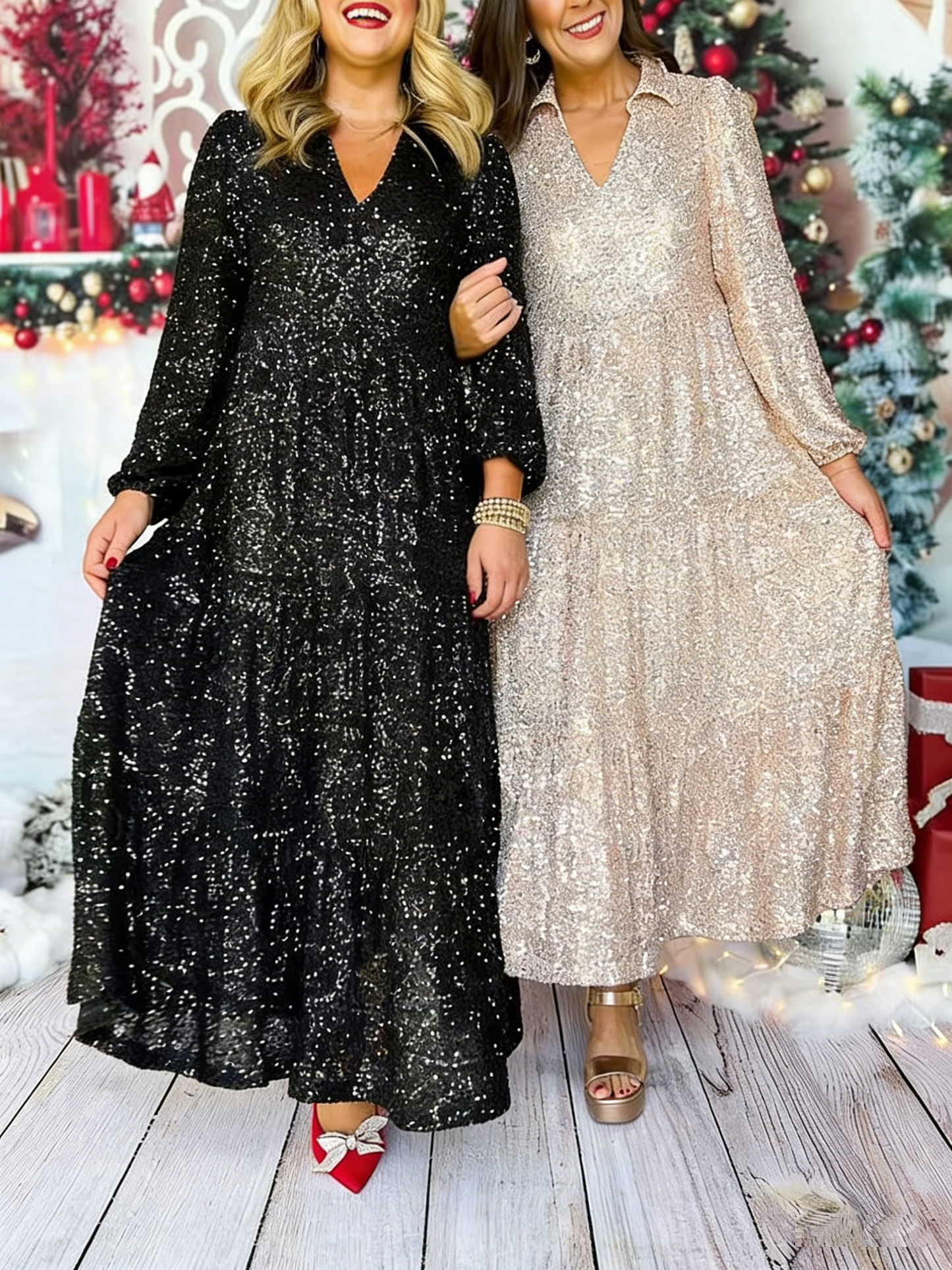 Women's V-Neck Long-Sleeve Sequined Dress