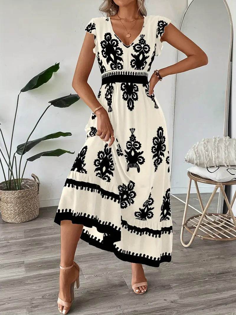 # Printed V-neck Slim-fit Long Women's Dress