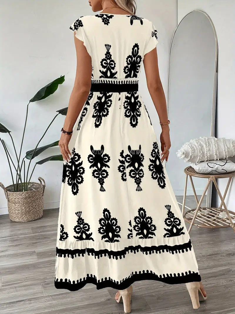 # Printed V-neck Slim-fit Long Women's Dress